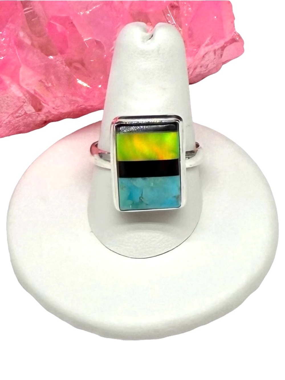 Kingman Turquoise Aurora Opal Black Onyx Ring Size 9 Solid 925 Sterling Silver